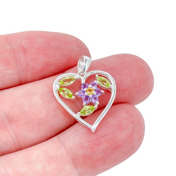 Vintage Sterling Silver Heart Pendant | Peridot Amethyst Citrine Floral Design - Picture 1 of 7